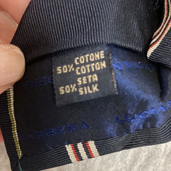 Luciano Barbera Silk/Cotton Tie in Navy with Red & Tan Diagonal Stripe. - Picture 7 of 8